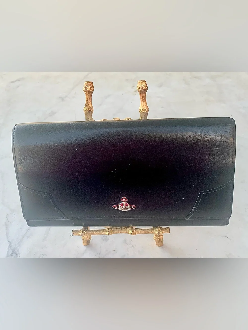 VIVIENNE WESTWOOD EXECUTIVE CLASP Black Leather LONG Wallet SILVER ORB STRIPE
